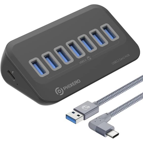7 Ports USB 3.0 Hub, 5Gbps USB Port Hub w/ a 3.3ft USB A to C Right Angle Cable - Picture 1 of 6